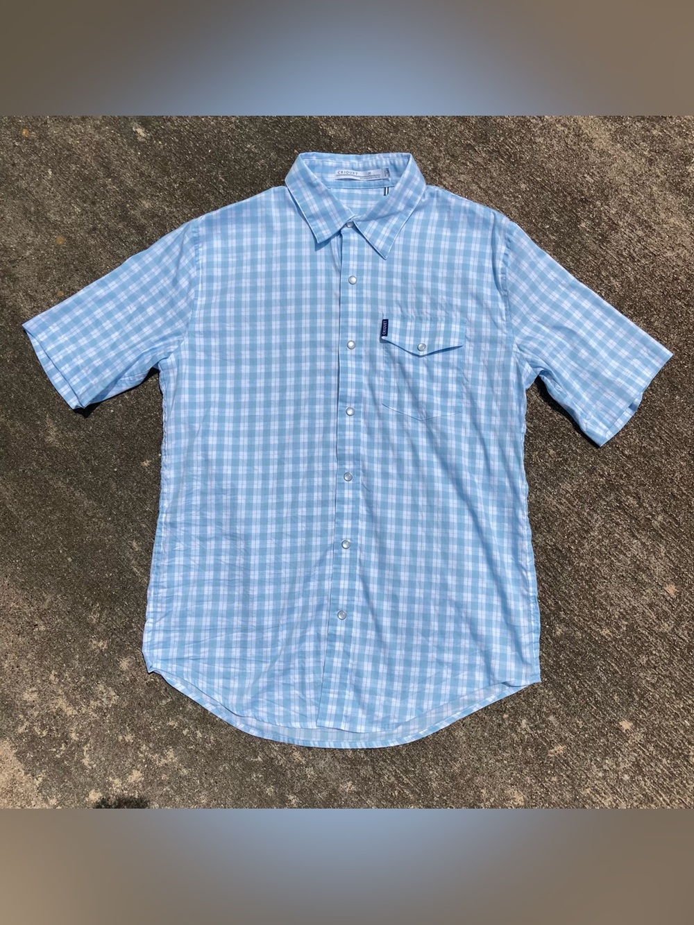 Criquet Shirt Mens Medium Blue White Plaid Pearl Snap Short Sleeve